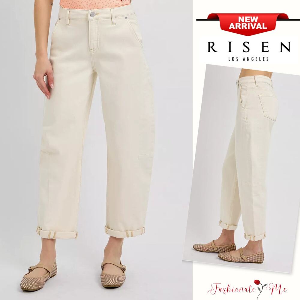 RISEN High Rise Waist Relaxed Cuffed Hem Zip Fly Crop Barrel Leg Jeans | Ivory